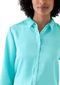 Women's Long Sleeve Satin Button Front Blouse