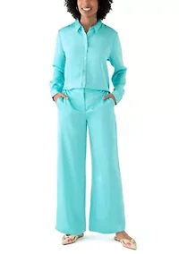 Women's Long Sleeve Satin Button Front Blouse