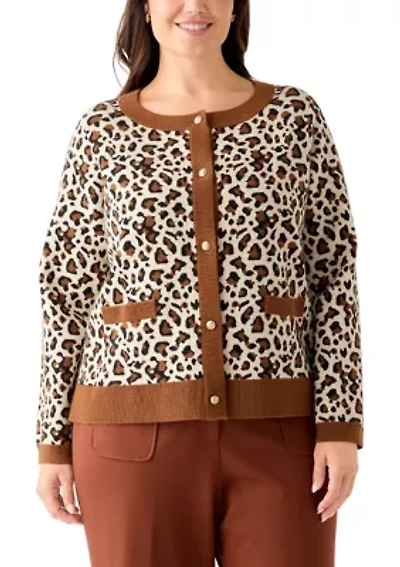 Plus Leopard Jacquard Cardigan with Buttons