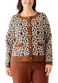 Plus Leopard Jacquard Cardigan with Buttons