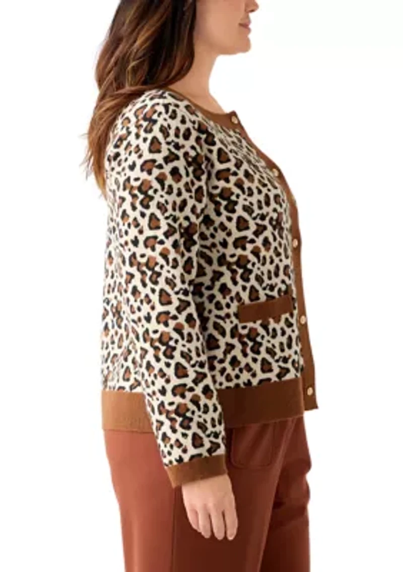Plus Leopard Jacquard Cardigan with Buttons