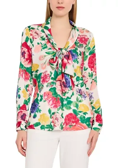 Women's Long Sleeve Tie Front Floral Blouse