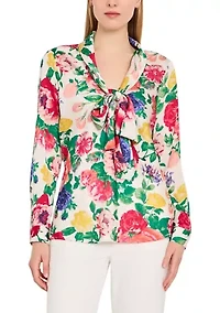 Women's Long Sleeve Tie Front Floral Blouse