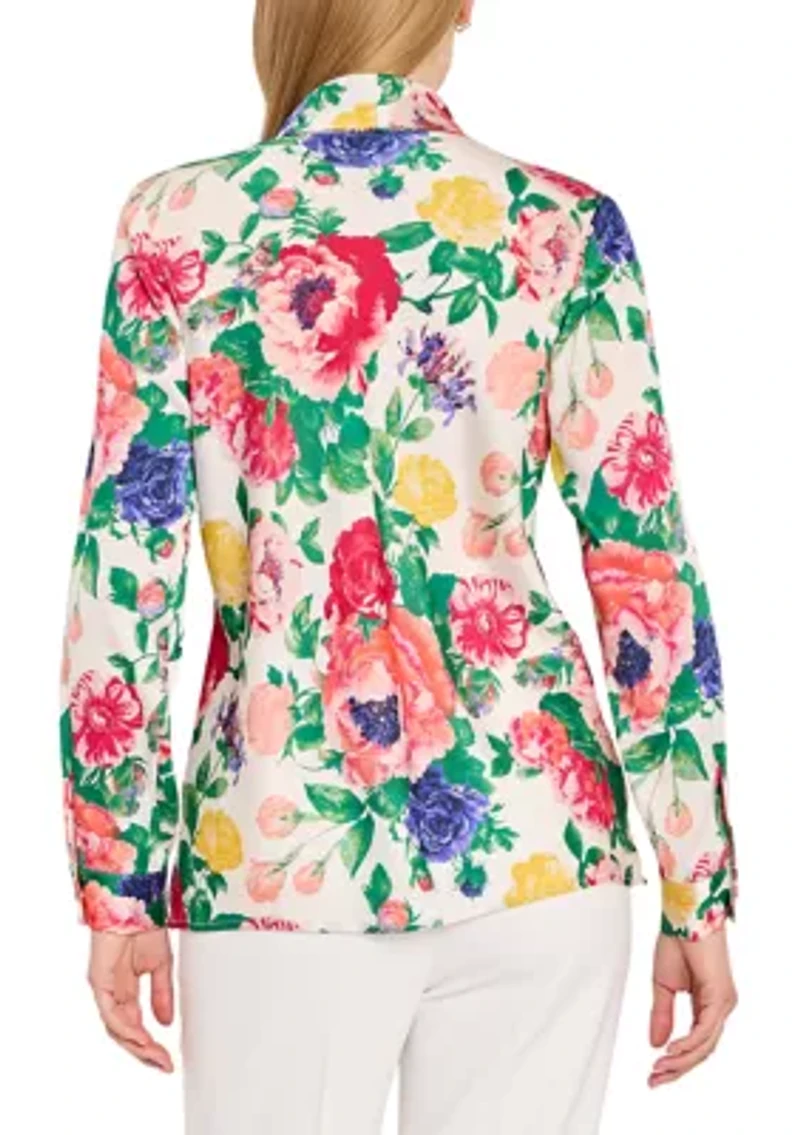 Women's Long Sleeve Tie Front Floral Blouse