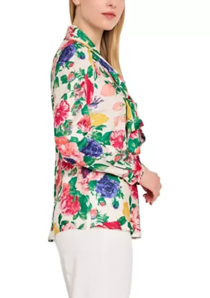 Women's Long Sleeve Tie Front Floral Blouse