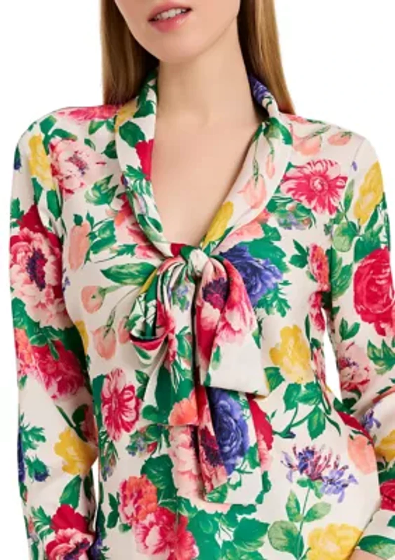 Women's Long Sleeve Tie Front Floral Blouse