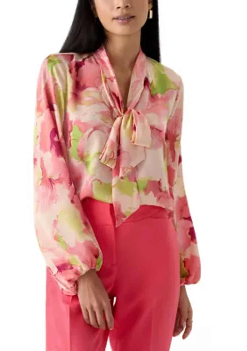 Petite Blouson Sleeve Floral Satin Blouse