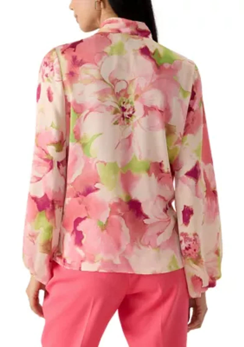 Petite Blouson Sleeve Floral Satin Blouse