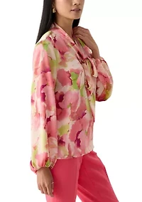 Petite Blouson Sleeve Floral Satin Blouse