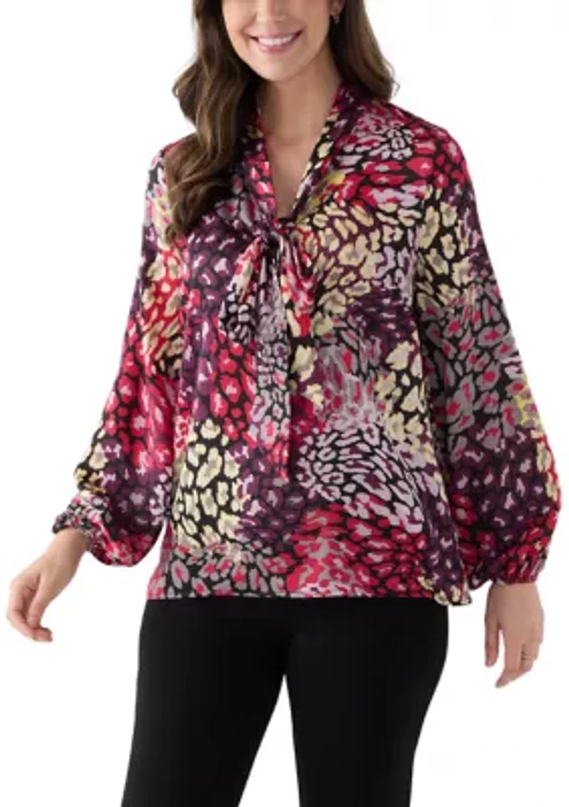 Women's Long Sleeve Satin Tie Neck Top