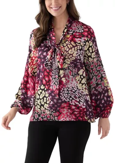 Women's Long Sleeve Satin Tie Neck Top