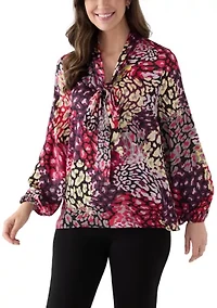 Women's Long Sleeve Satin Tie Neck Top