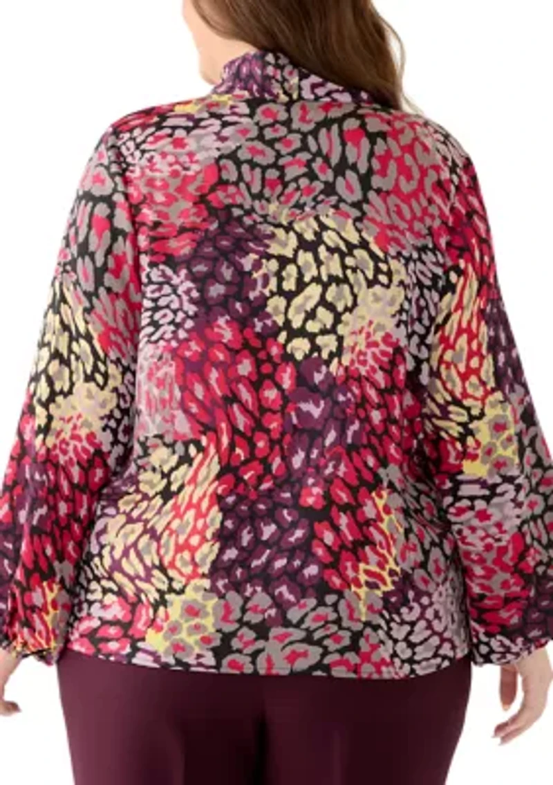 Plus Hammer Satin Tie Neck Blouse