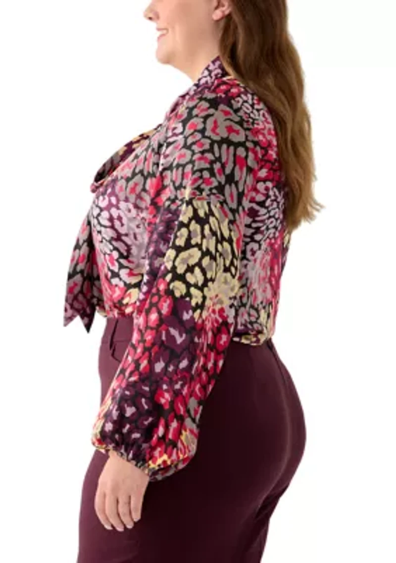 Plus Hammer Satin Tie Neck Blouse