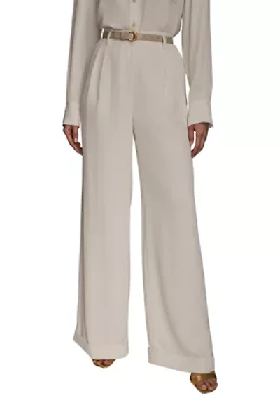 Women's Soft Suiting Full Length Wide Leg Pants with Belt