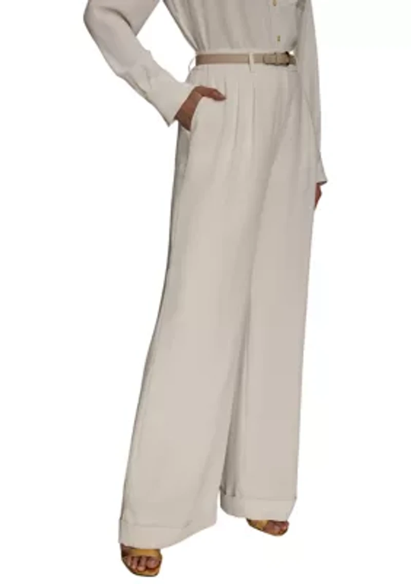 Women's Soft Suiting Full Length Wide Leg Pants with Belt