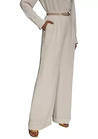 Women's Soft Suiting Full Length Wide Leg Pants with Belt