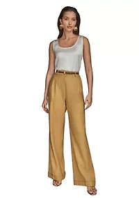 Women's Linen Full Length Wide Leg Pants with Belt