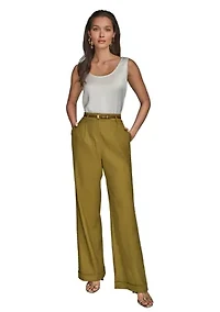 Women's Linen Full Length Wide Leg Pants with Belt