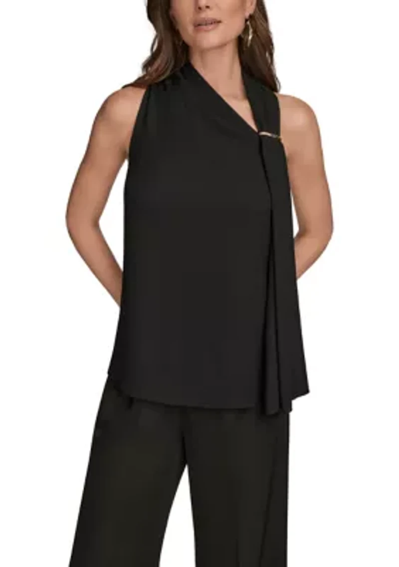 Women's Sleeveless Asymmetrical Neckline Blouse with Drapred Shoulder