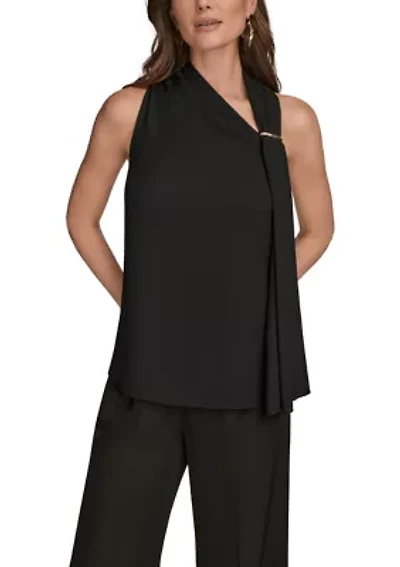 Women's Sleeveless Asymmetrical Neckline Blouse with Drapred Shoulder