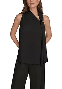 Women's Sleeveless Asymmetrical Neckline Blouse with Drapred Shoulder