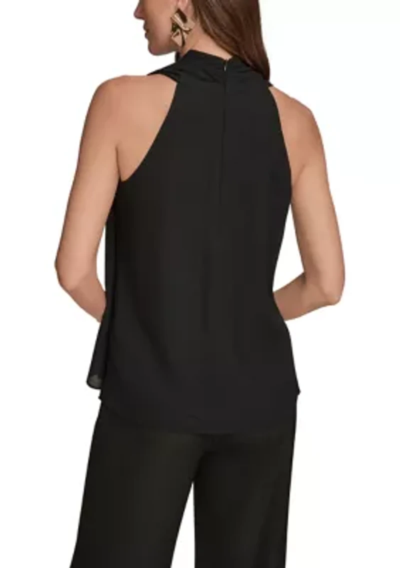 Women's Sleeveless Asymmetrical Neckline Blouse with Drapred Shoulder