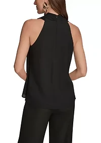 Women's Sleeveless Asymmetrical Neckline Blouse with Drapred Shoulder