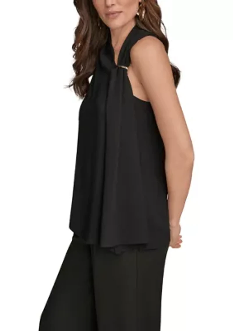Women's Sleeveless Asymmetrical Neckline Blouse with Drapred Shoulder