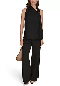 Women's Sleeveless Asymmetrical Neckline Blouse with Drapred Shoulder