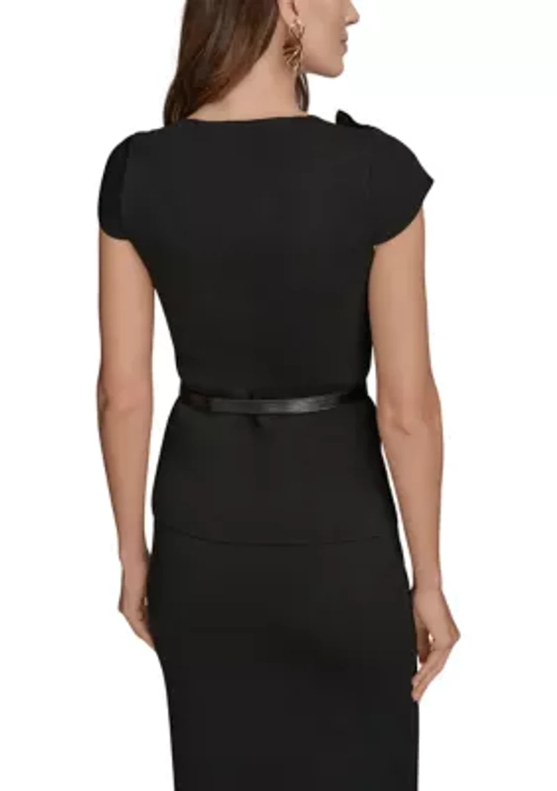 Women's Asymmetric Short Sleeve Belted Sweater