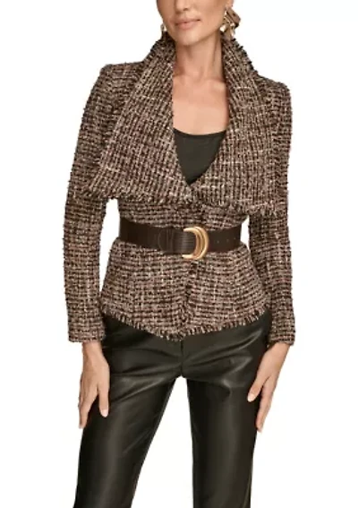 Women's Tweed Wide Lapel Belted Blazer