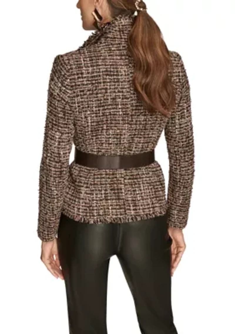 Women's Tweed Wide Lapel Belted Blazer