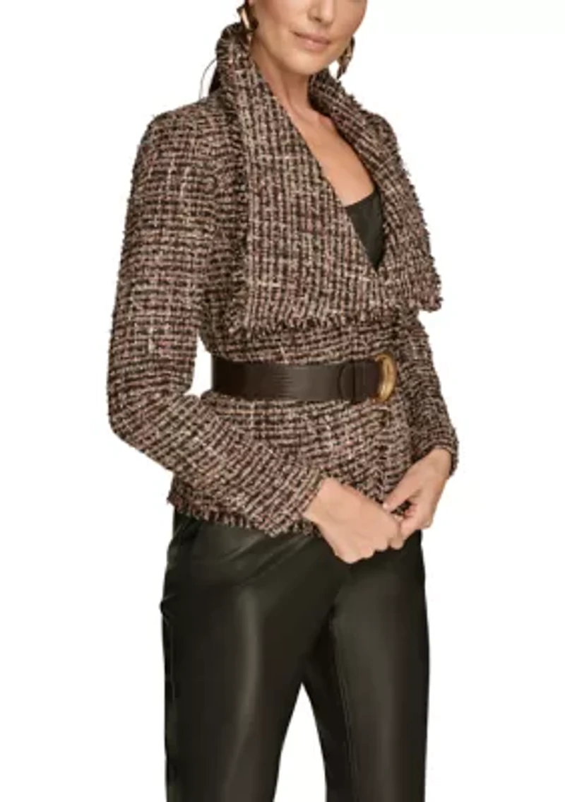 Women's Tweed Wide Lapel Belted Blazer