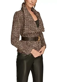 Women's Tweed Wide Lapel Belted Blazer