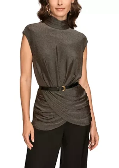 Women's Novelty Belted Mock Neck Top