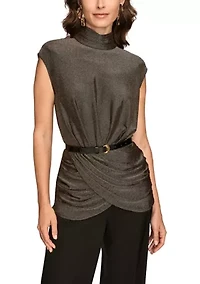 Women's Novelty Belted Mock Neck Top