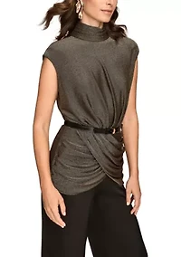 Women's Novelty Belted Mock Neck Top