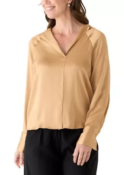 Women's Hammered Satin Long Sleeve V-Neck Top