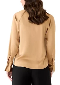Women's Hammered Satin Long Sleeve V-Neck Top