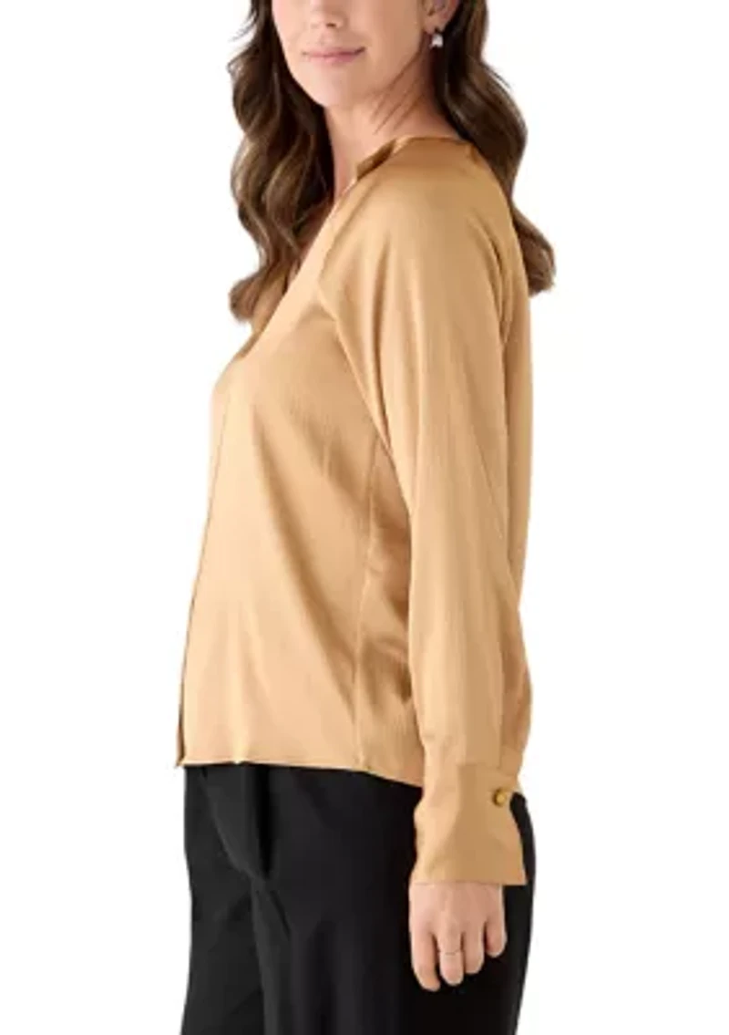 Women's Hammered Satin Long Sleeve V-Neck Top