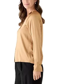 Women's Hammered Satin Long Sleeve V-Neck Top