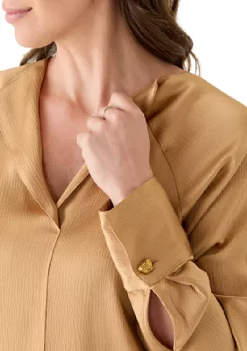 Women's Hammered Satin Long Sleeve V-Neck Top