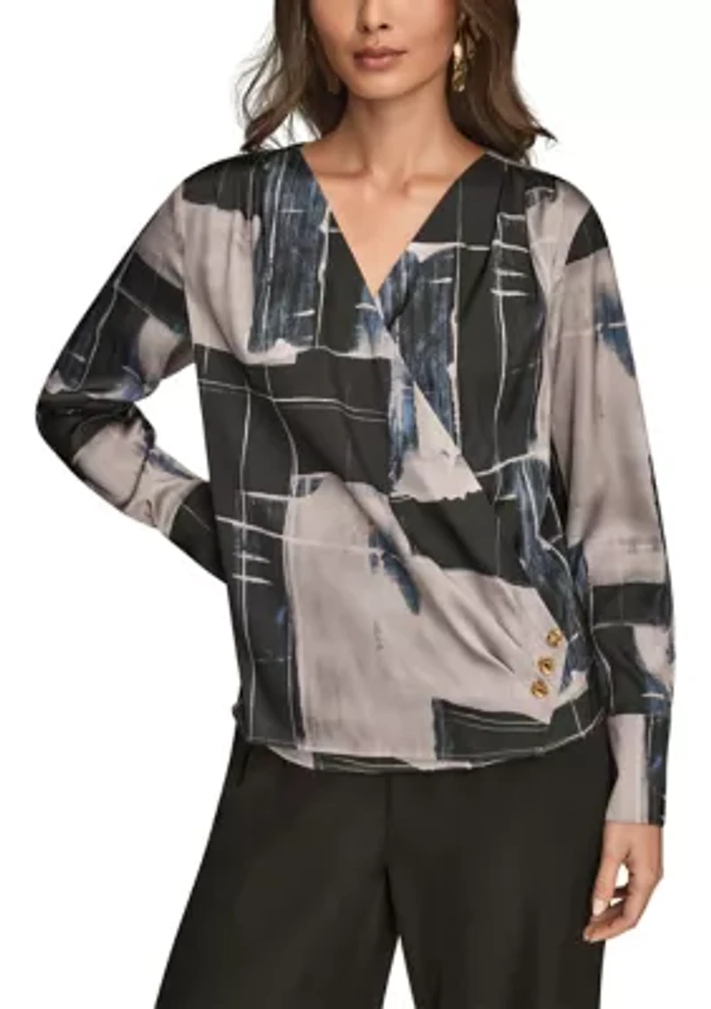 Women's Long Sleeve Print Faux Wrap Blouse