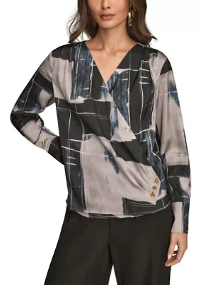 Women's Long Sleeve Print Faux Wrap Blouse