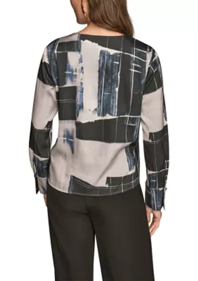 Women's Long Sleeve Print Faux Wrap Blouse