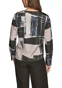 Women's Long Sleeve Print Faux Wrap Blouse