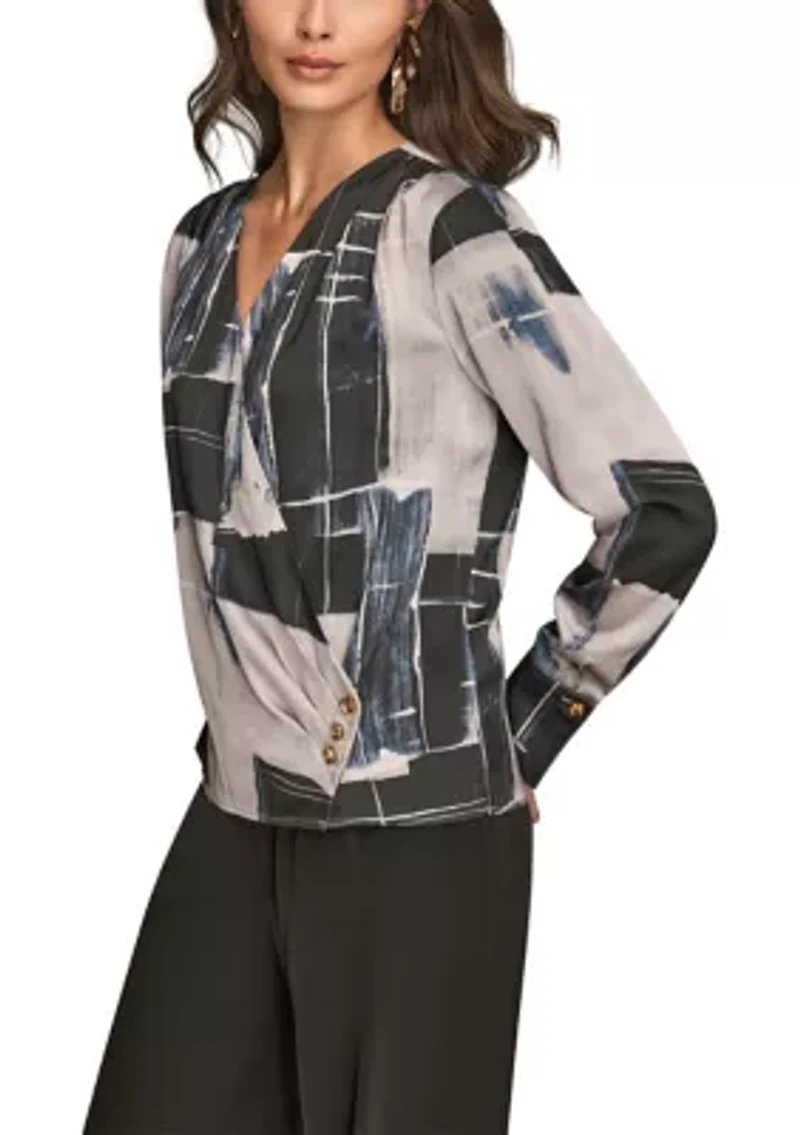 Women's Long Sleeve Print Faux Wrap Blouse