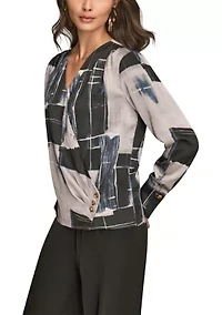 Women's Long Sleeve Print Faux Wrap Blouse