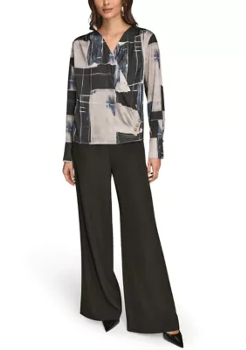 Women's Long Sleeve Print Faux Wrap Blouse